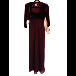 Niki Livas Burgundy Velvet Bodice Long Formal Gown w/ Velvet Bolero Shrug, 4